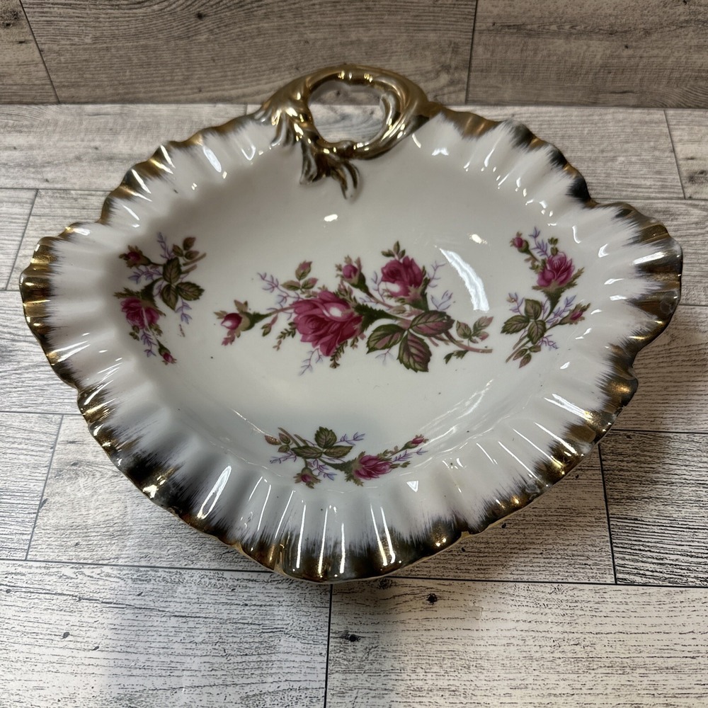 Moss Rose Dish #28/6M Scalloped Gold Rim w/ Handle 9x8.5" Vintage‎ Japan